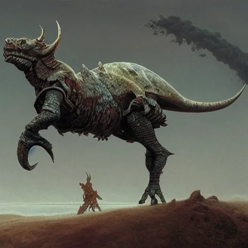 Prompt: triceratops rider in norse armor concept, beksinski