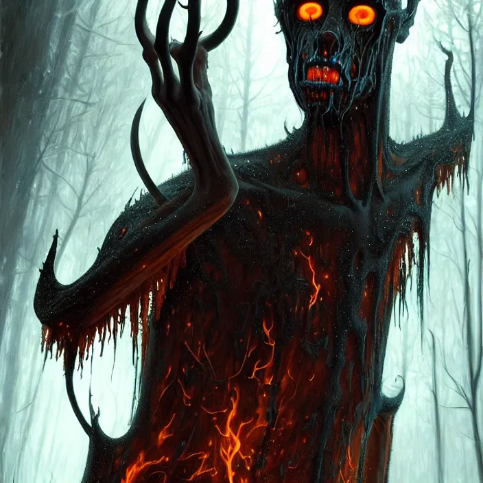Prompt: translucent Wendigo with flaming eyes, veiled in mist, diffuse lighting, fantasy, intricate, elegant, highly detailed, lifelike, photorealistic, digital painting, artstation, illustration, concept art, smooth, sharp focus, art by John Collier and Albert Aublet and Krenz Cushart and Artem Demura and Alphonse Mucha