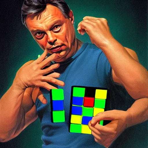 Prompt: portrait of viktor orban in training shorts confused by a rubik's cube, highly detailed illustration by boris vallejo