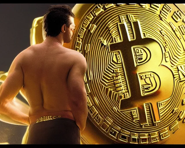 Prompt: attractive oiled up glossy man posing in front of a huge golden bitcoin, angelic light, commercial by annie liebovitz, gaston bussiere, craig mullins, j. c. leyendecker, photorealistic, trending artstation, 8 k, smooth