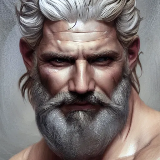 Prompt: portrait of rugged zeus, greek god, 4 0 years old, handsome, white hair, soft hair, upper body, muscular, hairy torso, fantasy, intricate, elegant, highly detailed, digital painting, artstation, concept art, smooth, sharp focus, illustration, art by artgerm and greg rutkowski and alphonse mucha