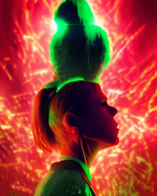 Prompt: dramatic cyberpunk portrait of a woman in a suit, crystalline, red glow, green glow, blue glow, atmospheric haze, intense shading, optic ripple, backlit, bokeh, centered