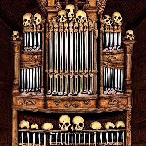 Image similar to a pipe organ made out of skulls, digital art, highly detailed, high quality, high resolution