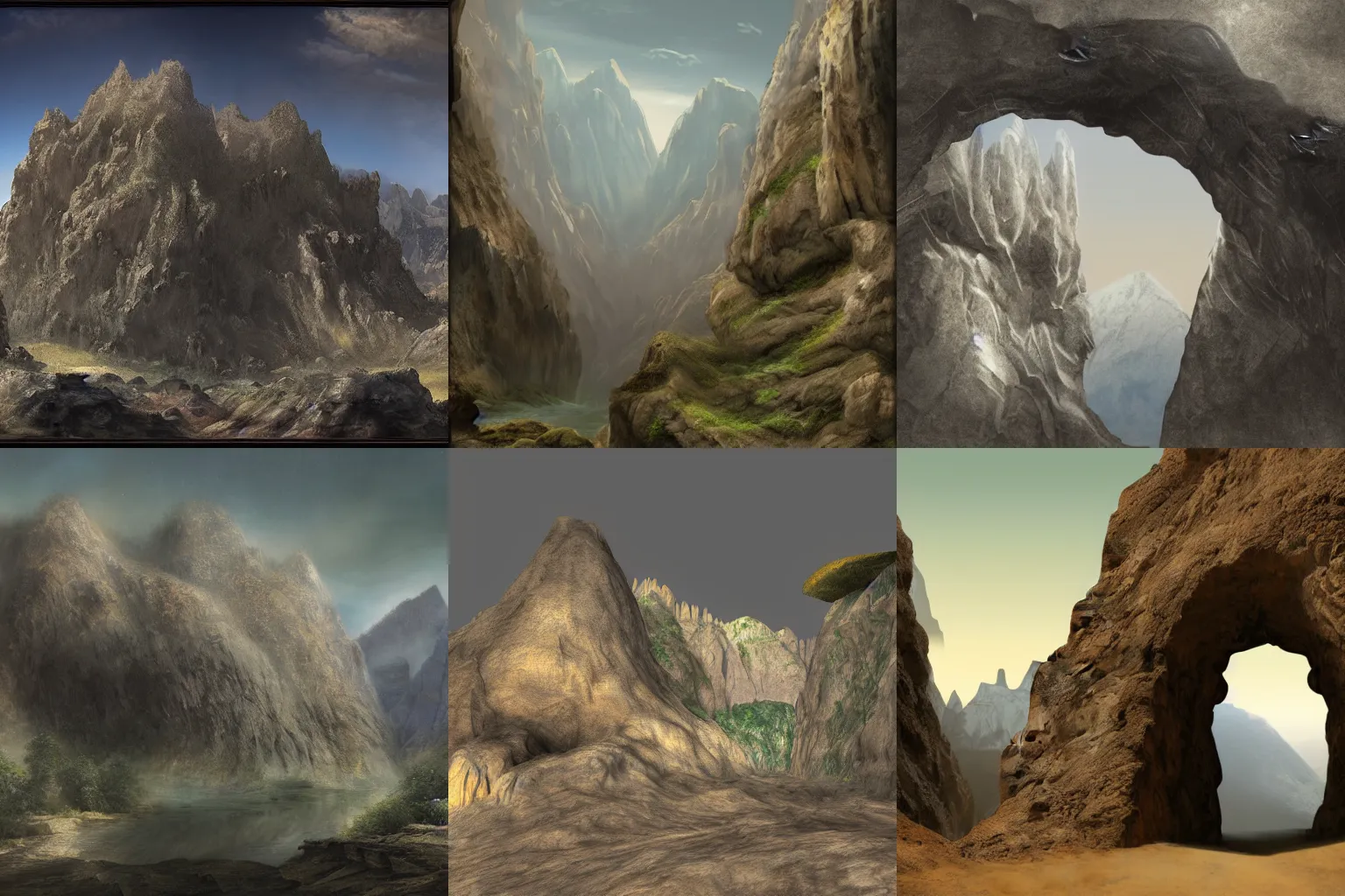 Prompt: mountain with several cave entrances. Matte painting