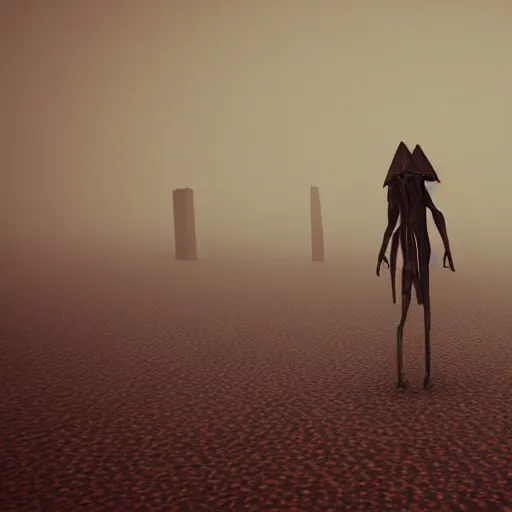 Image similar to Creepy long creature standing in a foggy weather in a desert world full of pyramids, award winning, trending on artstation, unreal engine