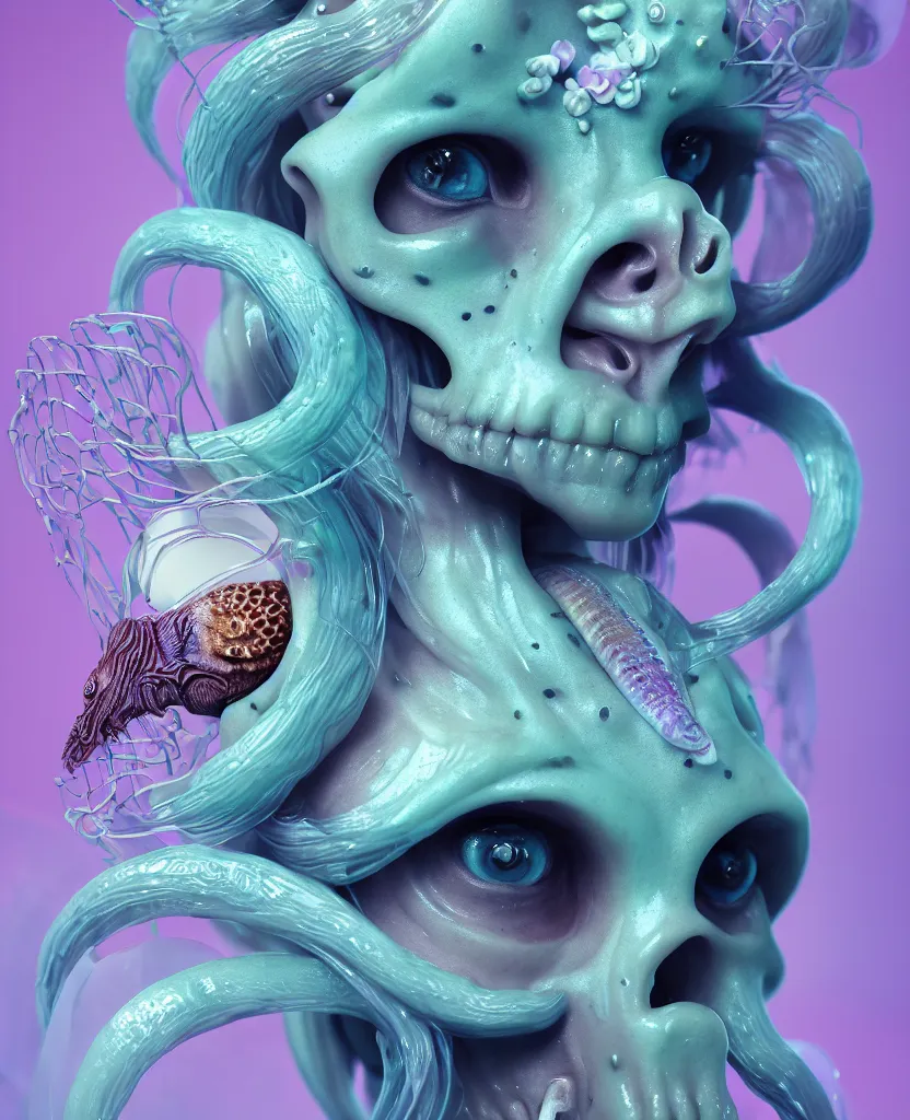 Image similar to goddess princess beautiful face close-up portrait ram skull plasticine sculpture. jellyfish phoenix head, nautilus, orchid, skull, betta fish, bioluminiscent creatures, intricate artwork by Tooth Wu and wlop and beeple. octane render, trending on artstation, greg rutkowski very coherent symmetrical artwork. cinematic, hyper realism, high detail, octane render, 8k