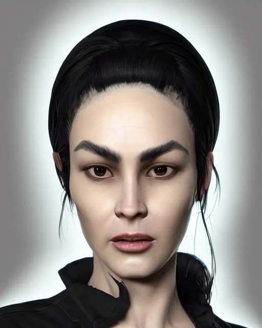 Image similar to portrait of a tall 4 0 - year - old woman with thin lips, long, lush black hair gathered on the head bun, and thick eyebrows, haughty facial expression, wearing in black clothes, aristocratic appearance, hyper realistic face, beautiful eyes, character art, art by mark brooks, hyperdetailed, cryengine, trending on artstation, digital art