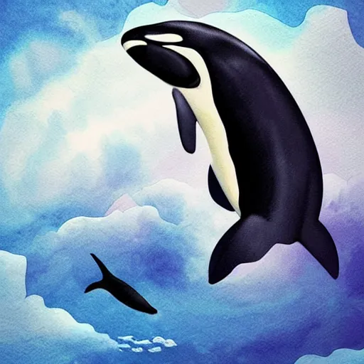 Image similar to “An orca jumping out of a sea of clouds” as digital art, watercolor, and pixel ar