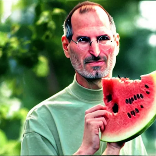 Image similar to steve jobs presenting apple's new product, a watermelon with a propeller on it
