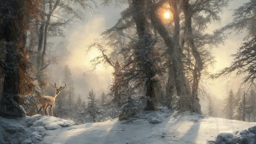 Image similar to the most beautiful panoramic landscape, oil painting, where a giant dreamy waterfall is frozen, the trees around have snow over their leafs, a majestic deer is in close - up and is exhaling steam, the ray lights of the sunrise are brightening him, by greg rutkowski