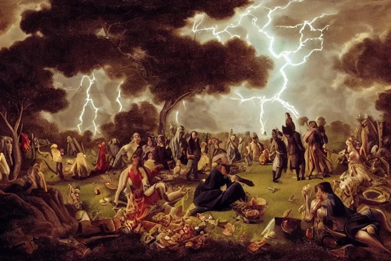 Image similar to a detailed illustration of a god ruining a picnic in the park, nightmare in the park, small crowd of people, calamity, dark storms with lightning, 8 k, in a baroque style