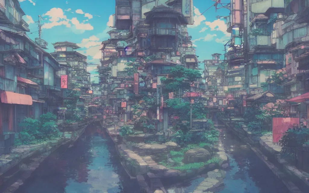 Image similar to a japanese city near the sea, lofi, dreamy, moody, very colorful, anime inspiration, makoto shinkai, ghibli vibe