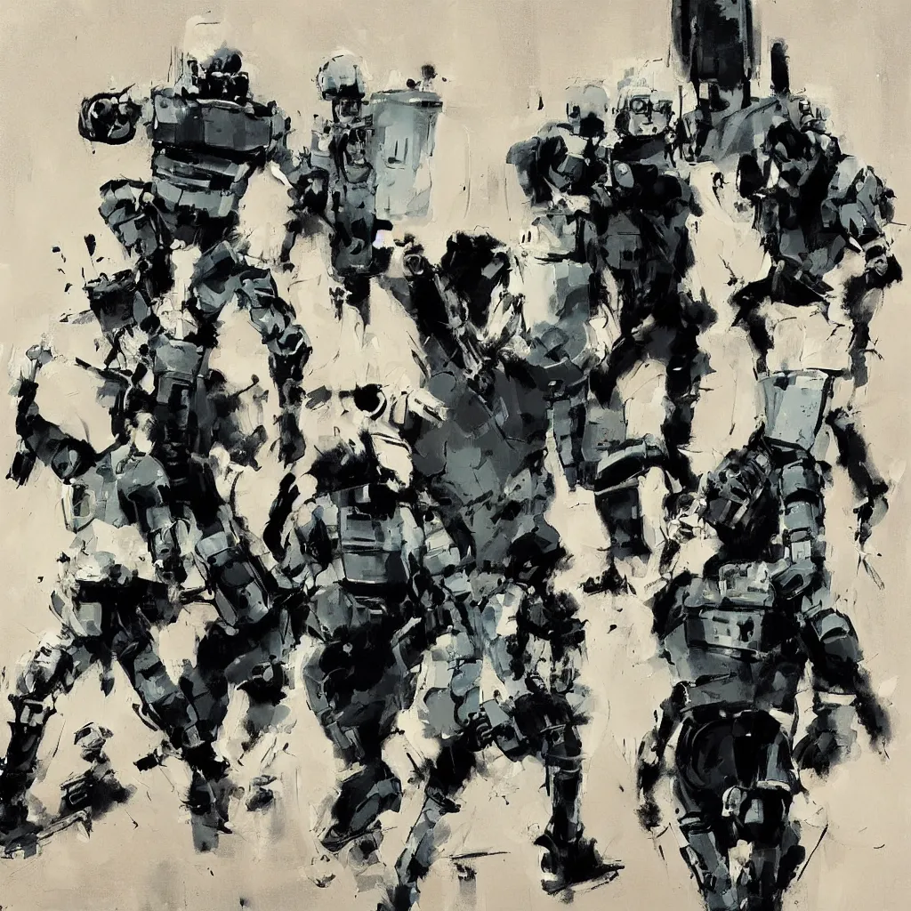 Prompt: a robot cop arresting people, painted by ashley wood