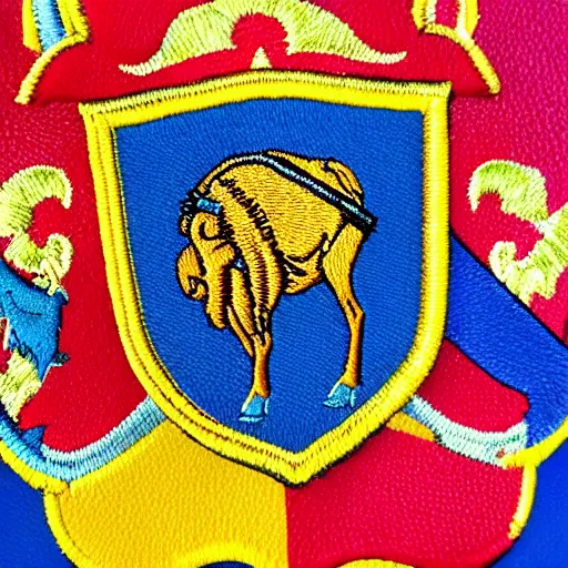 Image similar to closeup photo of a colorful embroidered patch of the coat - of - arms of a buffalo - themed house of hogwarts. the patch is sewn onto a leather school - bag. the name watanka appears on the patch.