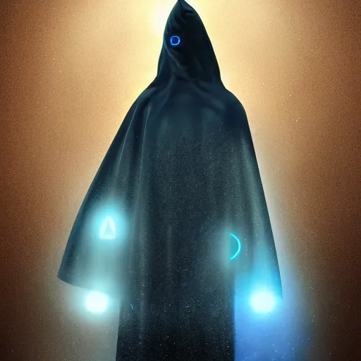 Image similar to award - winning. trending on artstation. 4 k. eerie tone. a faceless astral figure wearing a hooded cape made of the night sky with 1 dark blue glowing eye on its face. full - body.