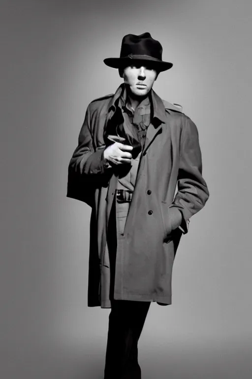 Prompt: man posing in the dark with a fedora hat and a trench coat, 1 9 5 0 s noir film style character