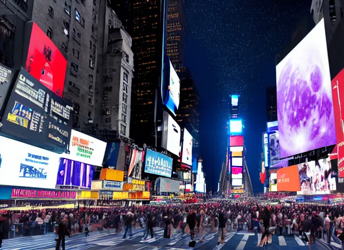 Image similar to film still of the moon shattering into pieces over time square in the new sci - fi movie, 8 k, night time