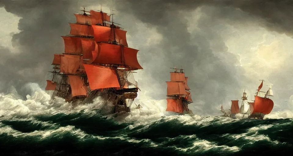 Image similar to british 1 7 0 0 s frigate surrounded by raging stormy seas by eugene von guerard, ivan shishkin, night, red lightning!!, storm!, dramatic lighting, concept art, trending on artstation, 8 k