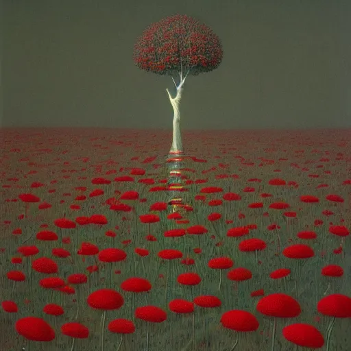 Image similar to white tree with red flowers made by zdzisław beksinski