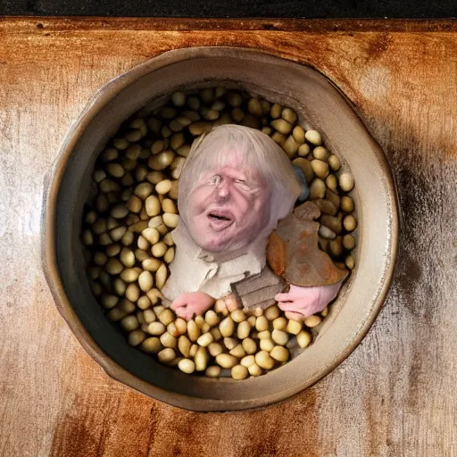 Prompt: boris johnson baked into a bowl of beans