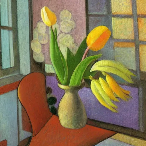 Prompt: Potted Tulip still life, matte painting, in the style of Paul Gaugin