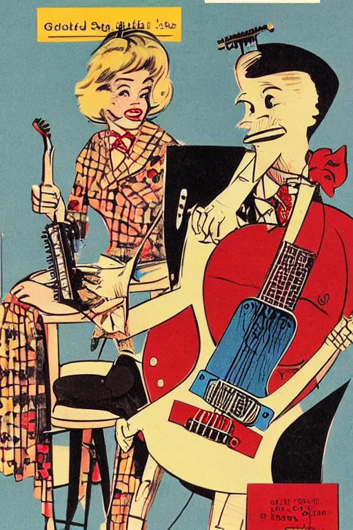 Image similar to guitar in the style of a 50s by Frank Hampson and mcbess, 1950s