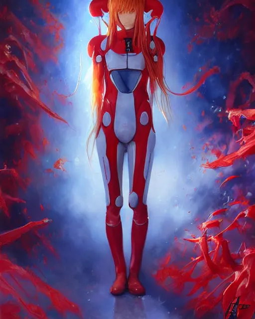 Image similar to asuka langley soryu wearing plugsuit, award winning photograph, radiant flares, realism, lens flare, intricate, various refining methods, micro macro autofocus, evil realm magic painting vibes, hyperrealistic painting by michael komarck - stephen gemmell