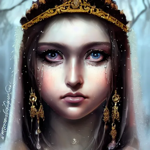 Prompt: ilyana vyulnika as a young princess in the dark, heavy makeup, crying eyes, tears, leaked mascara, lipgloss, portrait, closeup, cute freckles, gloss effects, and exaggerated proportions, intricate jewelry, after rain, digital art by julia razumova and mel milton, trending on artstation, 4 k high quality