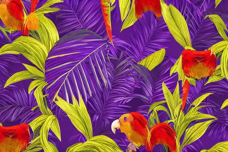 Image similar to photorealistic print of exotic, elegant tropical prints, isolated in a black background : : purple plants, golden flowers, red parrot, art nouveau, desaturate, trending on artstation