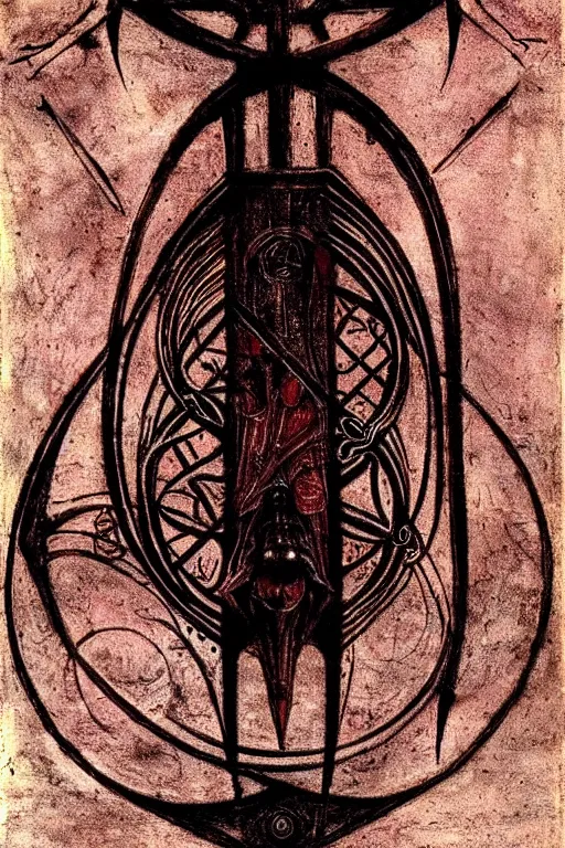 Image similar to masterpiece, symmetrical occult summoning sigil calligraphy, old stained paper texture, elegant crimson and black ink linework, by leonardo da vinci, h. r. giger, biomechanical, alchemy, monogram