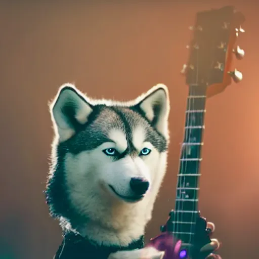 Prompt: anthropomorphic husky performing in a concert, holding a guitar, dslr photo, indoor, cinematic lightning