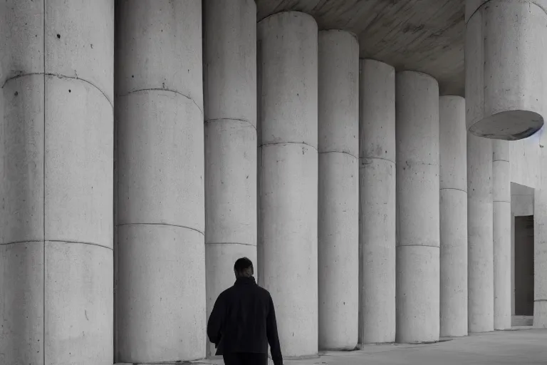 Prompt: a man walking through a brutalist cement structure with towering pillars and high ceilings