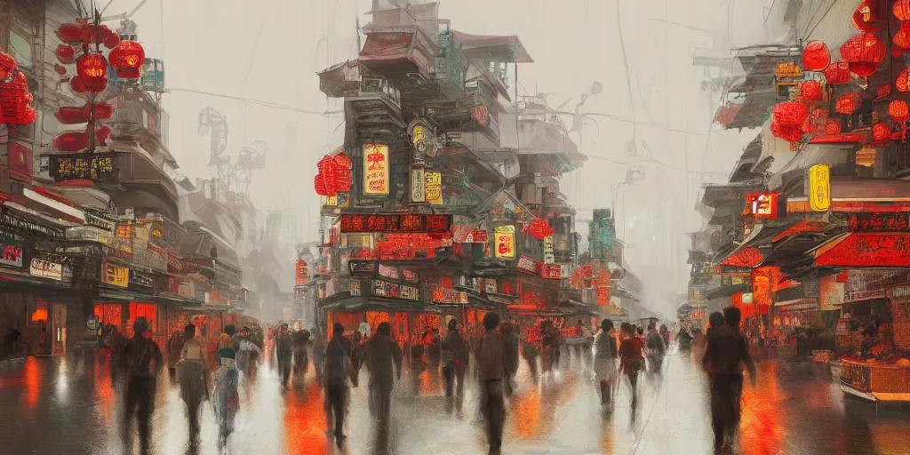 Image similar to an environmental concept art of a busy street in chinatown, rainy, highly detailed by francis tneh