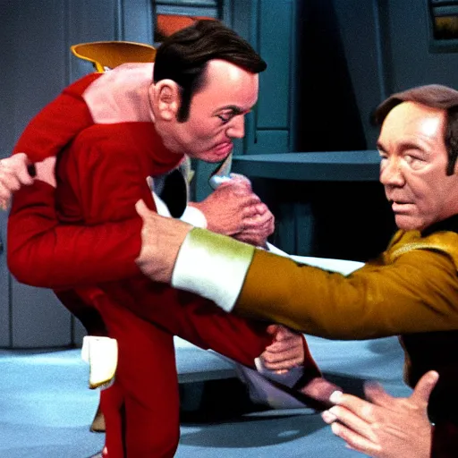 Prompt: kevin spacey fighting gorn from star trek