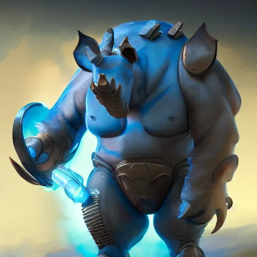 Image similar to An anthropomorphic blue rhino wearing galactic battle armor, action pose, highly detailed, digital painting, artstation, concept art, smooth, sharp focus, studio light, by Justin Gerard and Jason Chan and riot studios,