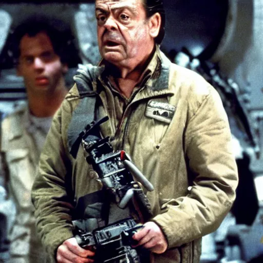 Image similar to del boy in aliens, epic quality, hard sci fi, dramatic, sharp focus, realistic, 4 k, dimly lit