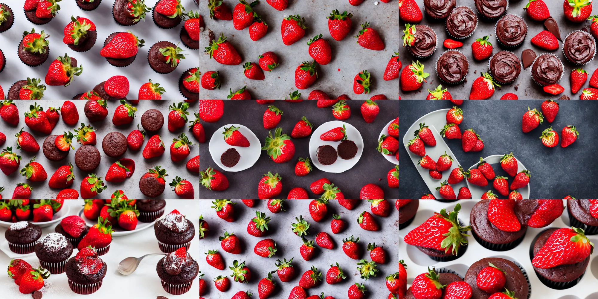 Prompt: professional food photography of chocolate cupcakes with strawberries