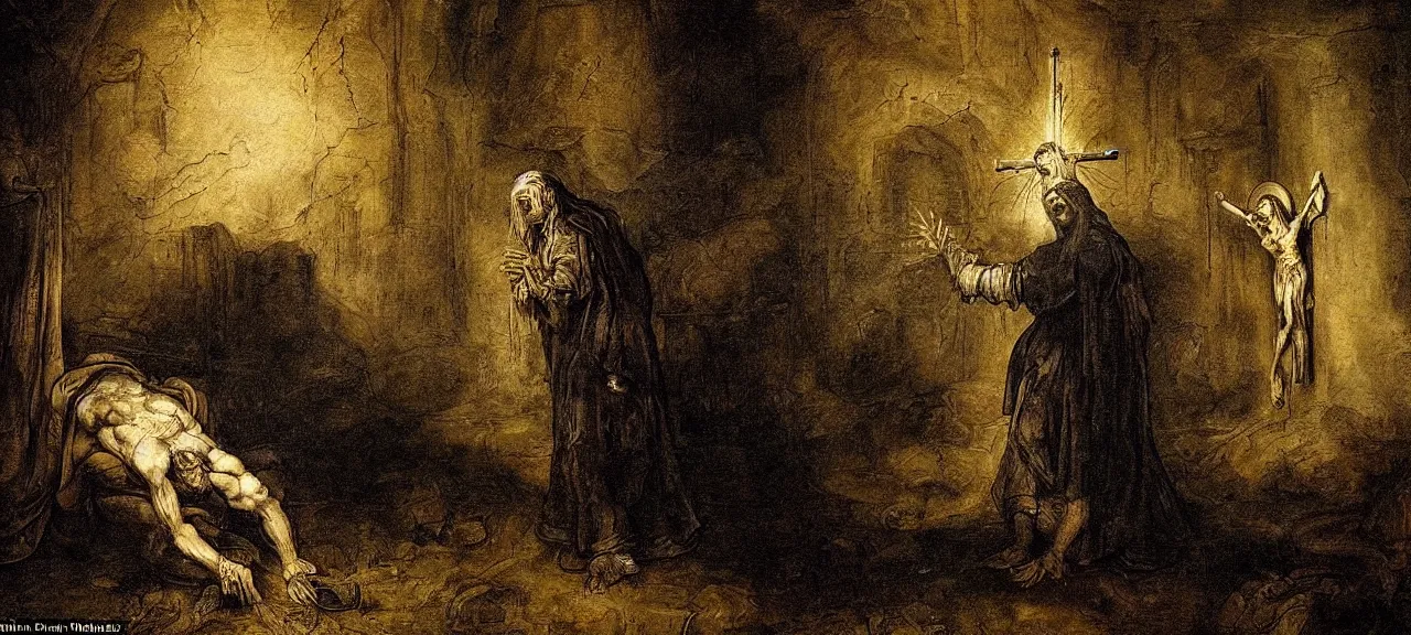 Prompt: The terrified Priest with tormented eyes is aiming the crucifix at alien intruder in a darkened room of a ruined castle, a dark, menacing atmosphere, horror,the essence of evil, in the style of Rembrandt