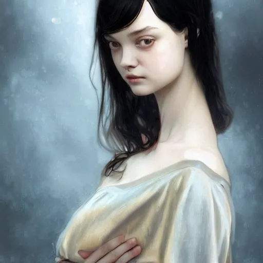 Prompt: portrait of a german teenage girl with glossy black hair, glowing skin, delicate features, gemma ward, stoya, fantasy, intricate, elegant, dress shirt, highly detailed, digital painting, artstation, concept art, smooth, sharp focus, illustration, art by Krenz Cushart and Artem Demura and alphonse mucha