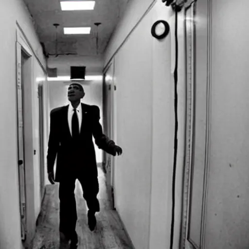 Prompt: barack obama escaping the backrooms, scp, horror, drama, cinematic, grunge film