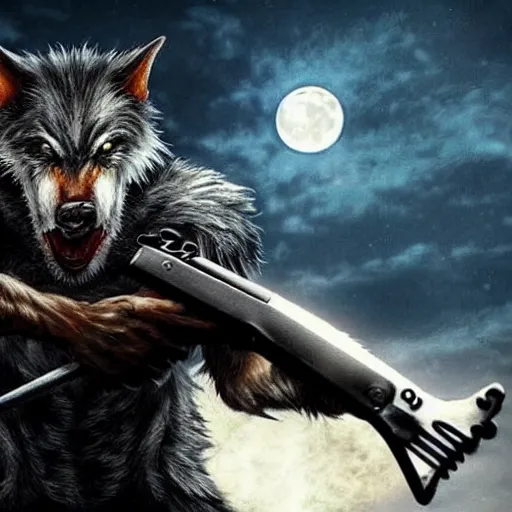 Image similar to a fearsome werewolf holding an ak - 4 7 in one hand and a elecric guitar in the other a full moon shies behind him, darkcinematic scene, super detailed, hyper realistic