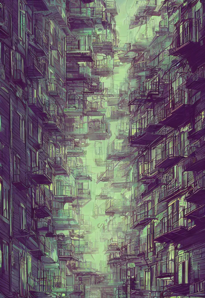 Image similar to DMT city, back alley full of balconies and fire escapes and air conditioners and power lines, anime style cell shader concept art