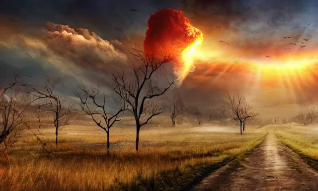 Image similar to post apocalyptic landscape, there is a nuclear explosion in the background, few sun rays, wallpaper, photo, hd, high detailed