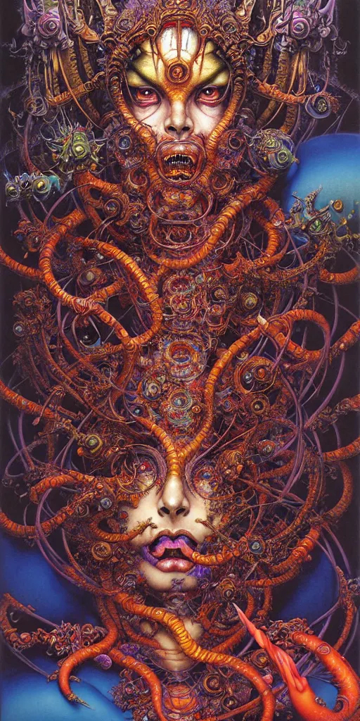 Prompt: realistic Hindu detailed image of Technological Nightmare Abomination Monster God by Lisa Frank, Ayami Kojima, Amano, Karol Bak, Greg Hildebrandt, and Mark Brooks, Neo-Gothic, gothic, rich deep colors. Beksinski painting, part by Adrian Ghenie and Gerhard Richter. art by Takato Yamamoto. masterpiece, religious art