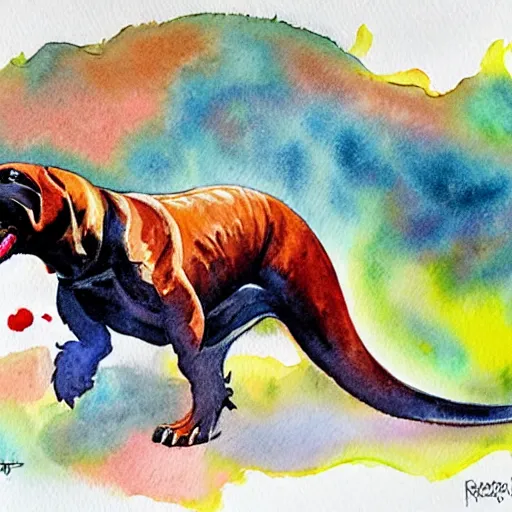 Image similar to Rottweiler dinosaur hybrid, watercolor art