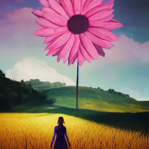 Prompt: giant pink daisy flower over head, girl walking in wheat field, hills, surreal photography, dark night, star trails, dramatic light, impressionist painting, clouds, digital painting, artstation, simon stalenhag