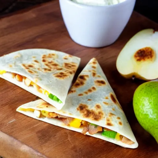 Prompt: quesadilla with pear slices in it