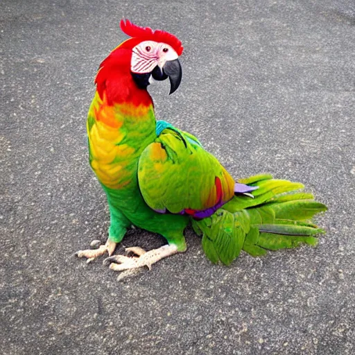 Image similar to parrot chicken sitting on the ground crying