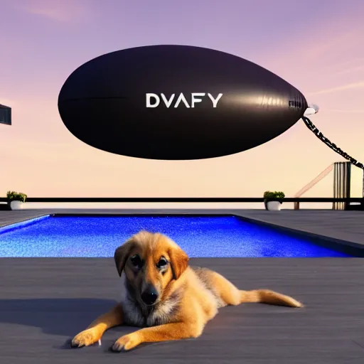 Image similar to a swanky gsd puppy relaxing at a swanky pool on a swanky penthouse rooftop with a futuristic blimp anchor in the background, 8K, 4K, photorealistic, ultrarealistic, UE5, Octane, 3D, digital art, RTX, Ray Tracing, Bokeh, happening vibe