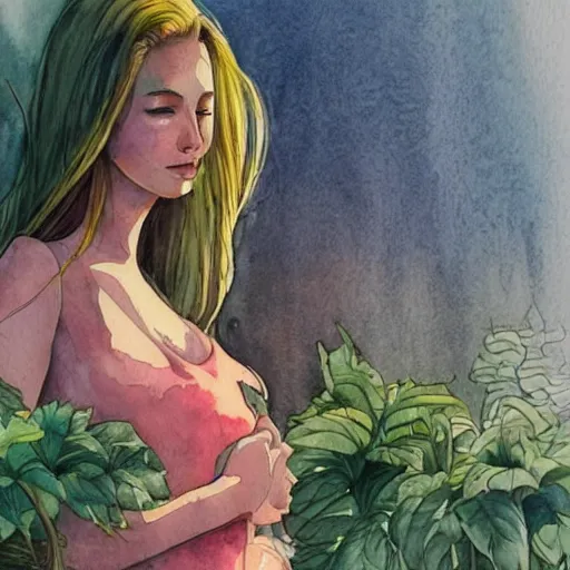 Image similar to Woman in a beautiful happy picturesque charming sci-fi city in harmony with nature. Beautiful light. Water and plants. Nice colour scheme, soft warm colour. Beautiful detailed watercolor by Lurid. (2022)